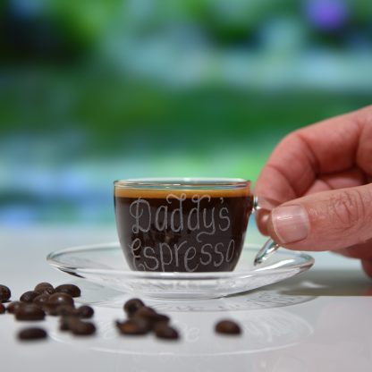 daddy's espresso personalised small coffee glass and saucer hand engraved with any name date and message