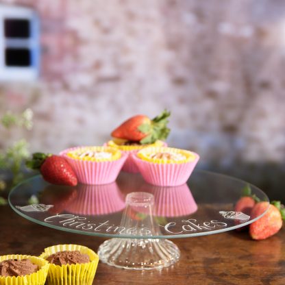 personalised glass cake stand with cupcake design