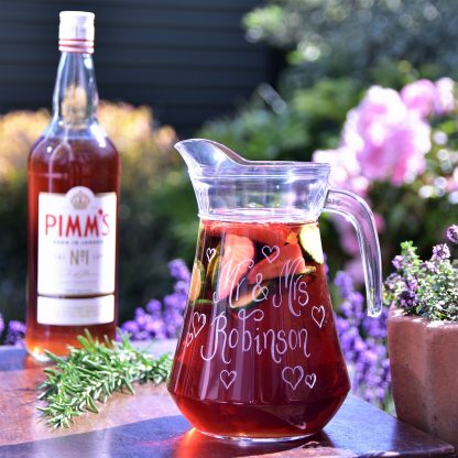personalised glass pimms cocktail jug hand engraved with any names date or message plus hearts