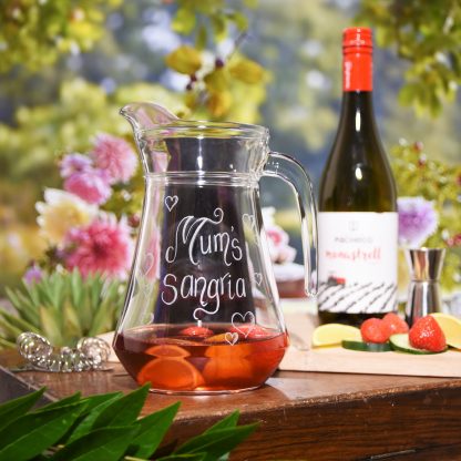 mums sangria with hearts design personalised glass jug