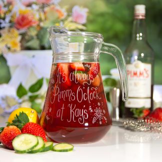 personalised glass pimms jug its always pimms o clock at kays with flower design hand engraved with any name and message