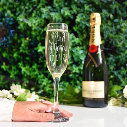 maid of honour personalised champagne flute glass hand engraved with any message