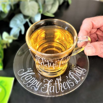personalised glass cup and saucer for fathers day tea or coffee