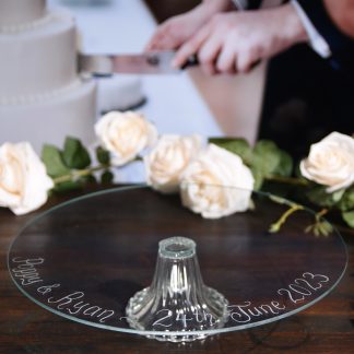 personalised glass wedding cake stand hand engraved with couples names and date or any message