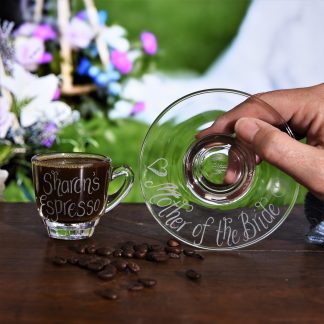 mother of the bride personalised glass espresso cup and saucer hand engraved with any messages 1