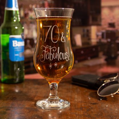 70 and fabulous lager pilsner glass personalised