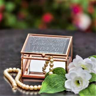 Bridesmaid glass trinket box personalised with name date and message