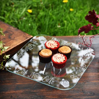 square glass cake stand hand engraved with any messages
