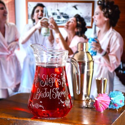 Personalised glass cocktail jug for hen party with flower design