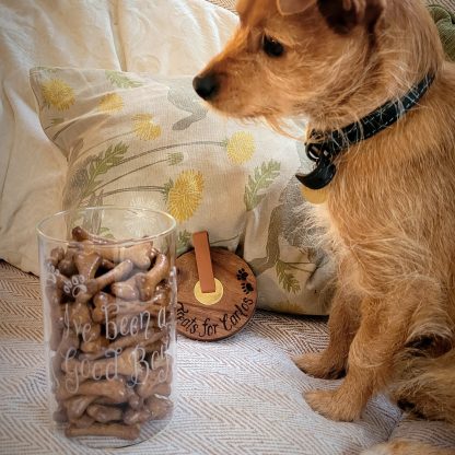 personalised glass jar for dog treats hand engraved