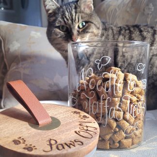 personalised glass jar for cat treats hand engraved