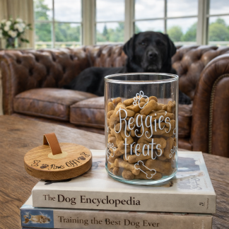 dog treat jar hand engraved with any pet pooch name and messages