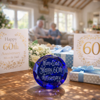 blue diamond glass paperweight for 60th anniversary