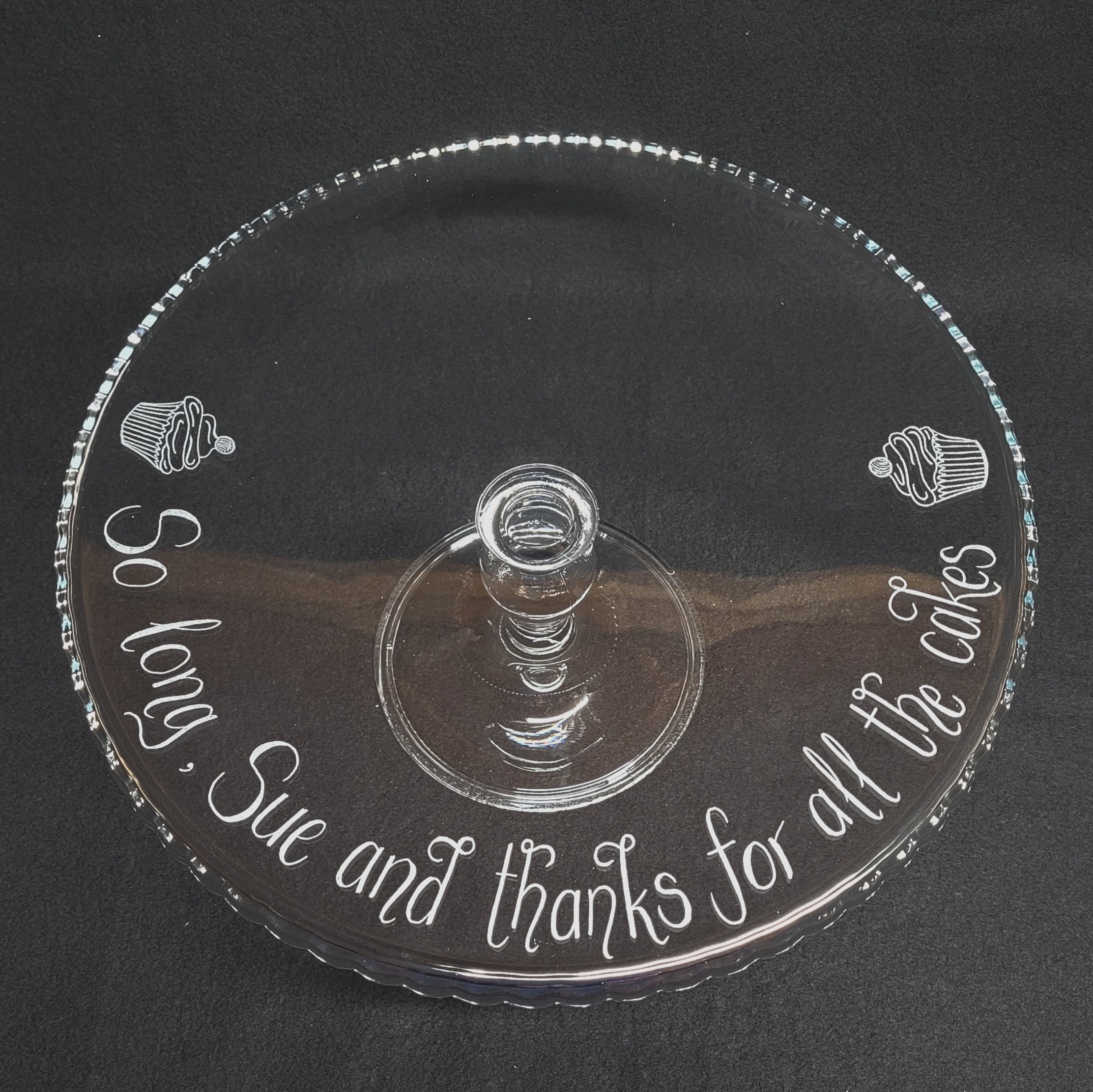 glass cakestand engraved as retirement gift