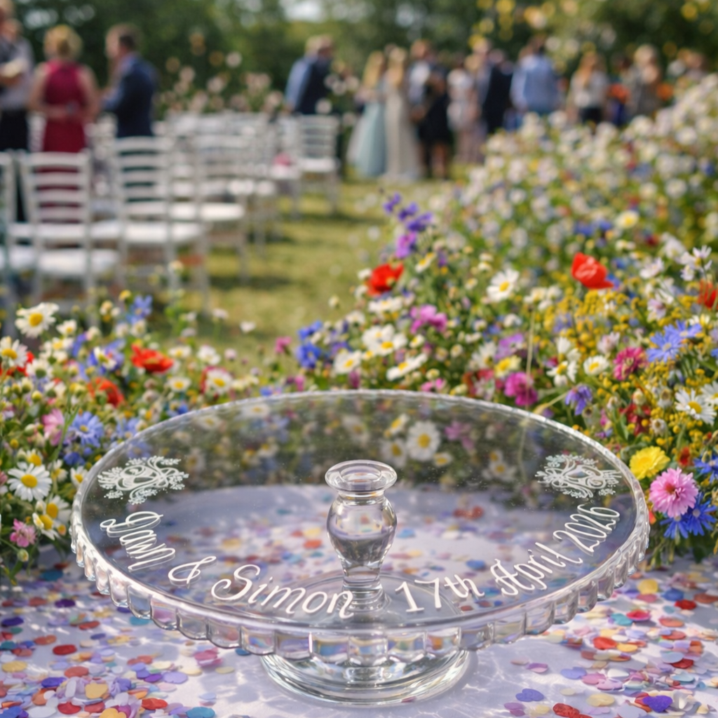 hand engraved glass pedestal cakestand for wedding gift